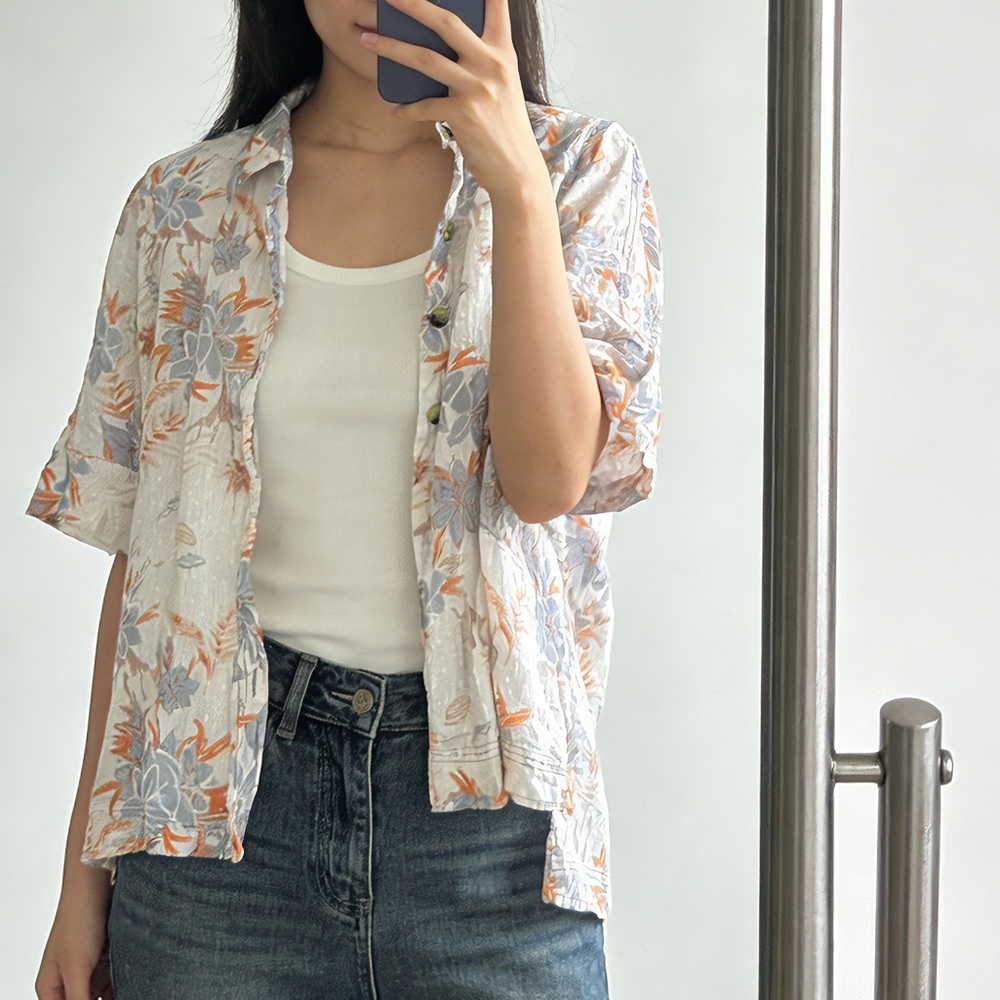 Free People (We The Free) Floral Button Down Shirt - Orange and Gray